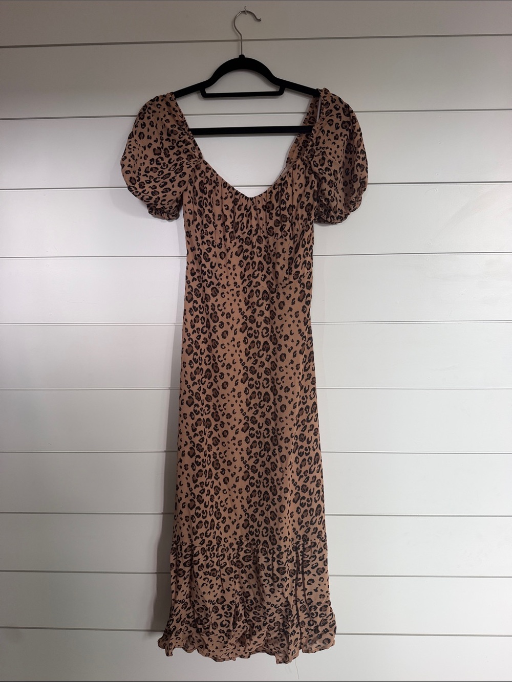Reformation Tan Leopard Puff Sleeve Midi Dress